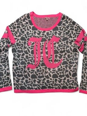 Juicy Couture Leopard Print Sweater Pink Logo Women’s XL Cozy Knit